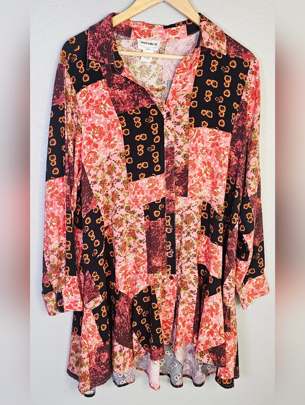 Republic 1X Patchwork Floral Button Front High Low Tunic Blouse